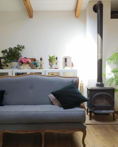 a blue couch in a living room with a stove at La vispa ceresa in Castellinaldo