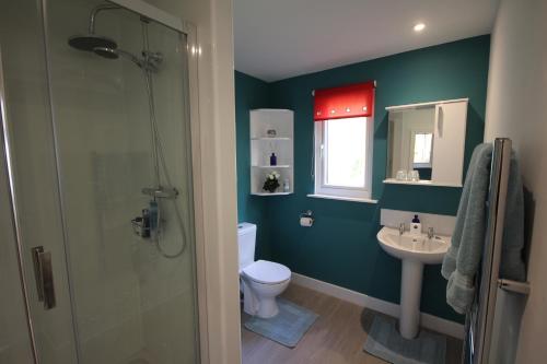 a bathroom with a shower and a toilet and a sink at The Cabin at Easter Arr in Auldearn