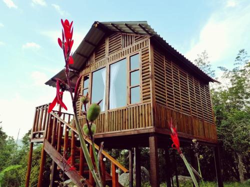 a tree house with windows on a wooden platform at La Guarida eco-posada in San Antonio del Tequendama