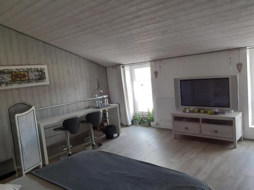 un salon avec une télévision à écran plat sur un mur dans l'établissement Belle de nuit, à Le Trait dʼUnion