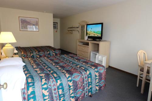 a hotel room with a bed and a flat screen tv at Starlite Motel in Wisconsin Dells