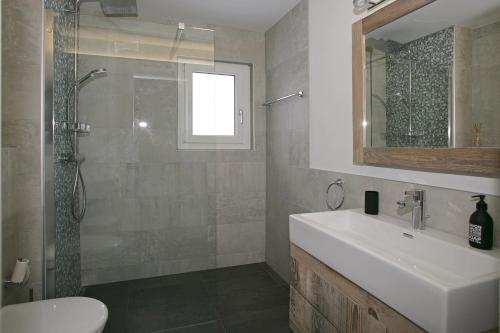 a bathroom with a sink and a shower and a toilet at Baron / Baronesse Apartments in Leukerbad