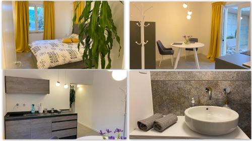 a collage of photos of a bathroom and a bedroom at Olive House Portoroz in Portorož