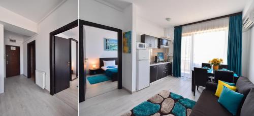 ママイアにあるApartment Summerlandのリビングルームとベッドルームの写真2枚