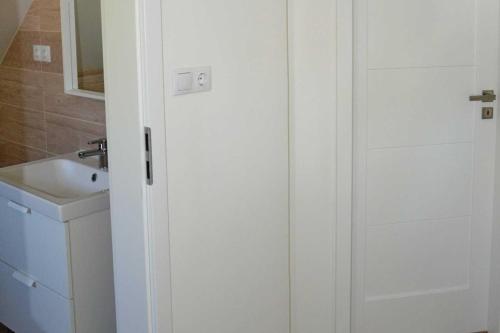 a bathroom with a sink and a shower backdoor at Fanni Vendégház in Dombóvár