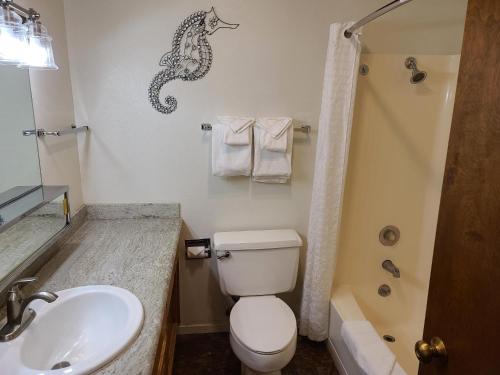 a bathroom with a white toilet and a sink at Embarcadero Resort in Newport