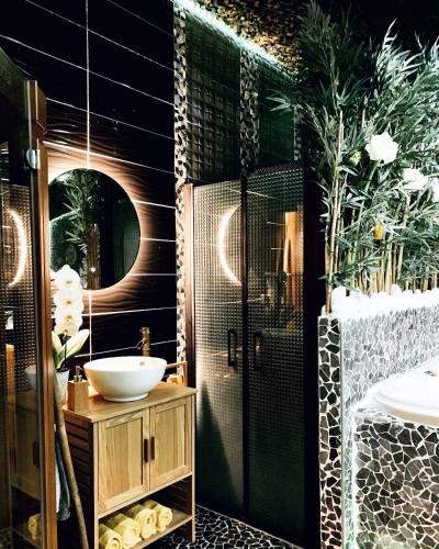 Jungle Vibes - Jacuzzi - Sauna في Yerres: حمام مع حوض ومرآة