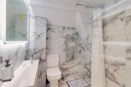 a bathroom with a toilet and a sink and a shower at master accommodation suite 11 sea view in Hastings