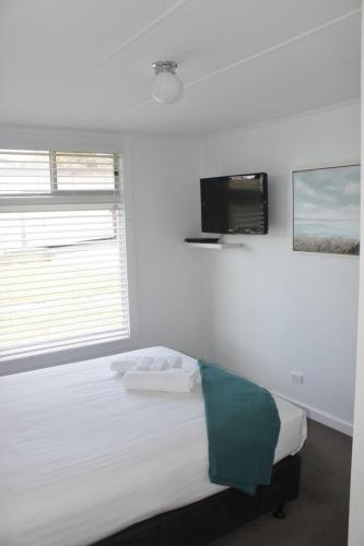 a bedroom with a bed with a tv on the wall at Elusive Penguin in Bicheno