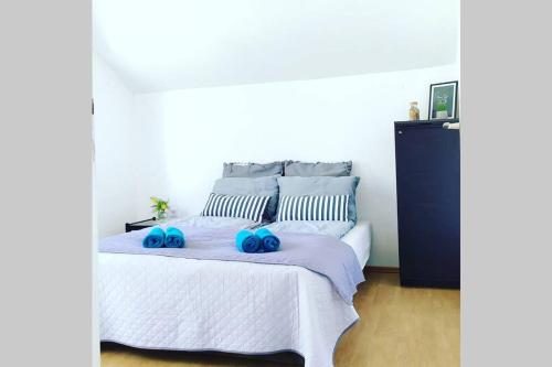 a bedroom with a bed with two blue spheres on it at Šumski Raj- Forest Paradise in Velika Remeta