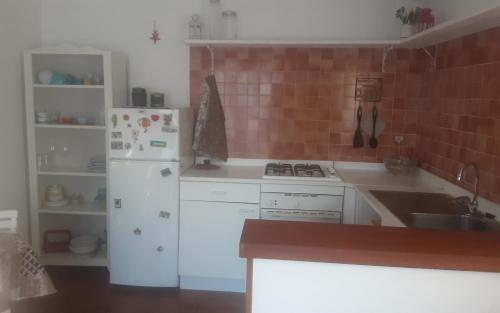 een keuken met een witte koelkast en een wastafel bij La casina in Capoliveri