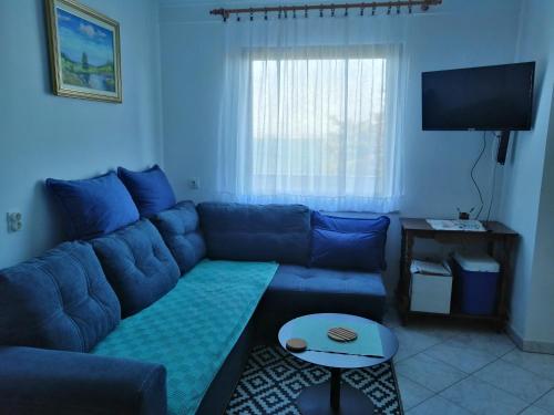 uma sala de estar azul com um sofá azul e uma televisão em Apartments "Mulo" beachfront em Vrsi