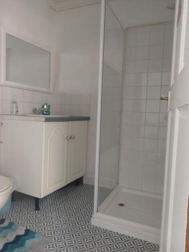 a bathroom with a shower and a sink and a toilet at Heavenly Outlook in Scarborough
