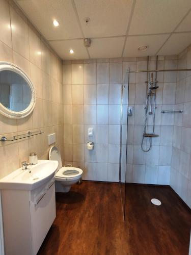 a bathroom with a toilet and a shower and a sink at Liahof in Ullared