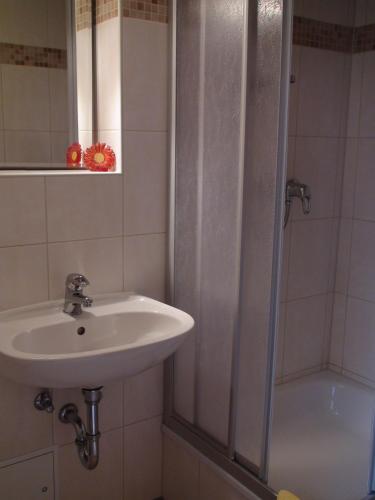 a bathroom with a sink and a shower at Pension Kreisel in Bad Kösen