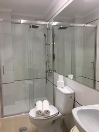 a bathroom with a shower and a toilet and a sink at Hostal Restaurante Alarico in Allariz
