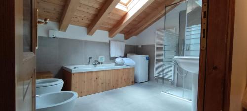 een badkamer met een wastafel, een toilet en een bad bij Gavia Cottage in Ponte di Legno