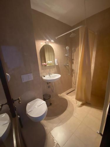 ein Badezimmer mit Toilette und Waschbecken in der Unterkunft Maison Platanus in Voineasa