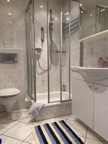 a bathroom with a shower and a sink and a toilet at Haus Iderhoff- Wohnung 5 in Norderney