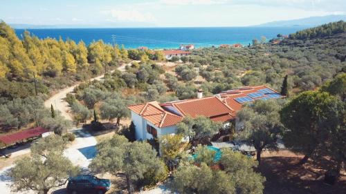 an aerial view of a house with trees and the ocean at Kortiri Studios in Ayios Nikolaos Sithonia