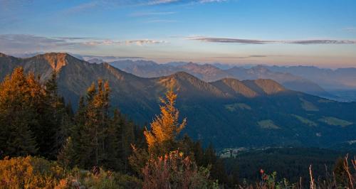 a view of a mountain range with trees and mountains at JUFA Hotel Laterns - Klangholzhus in Laterns