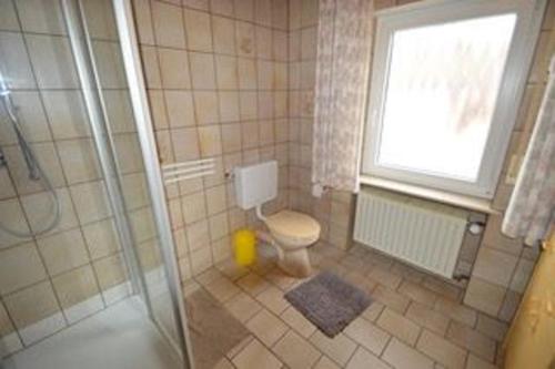 a bathroom with a toilet and a window and a shower at Ferienwohnung Treutlein in Thüngersheim