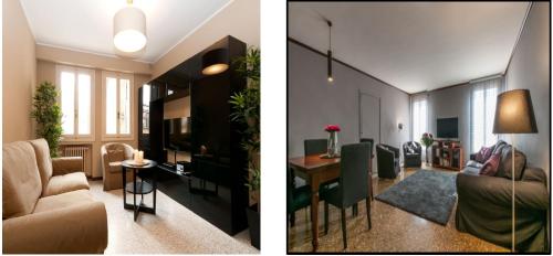 two pictures of a living room and a dining room at Centrale Venice Apartments in Venice