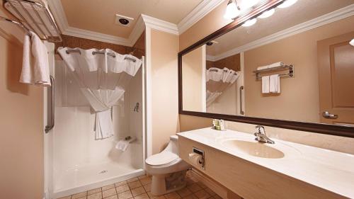uma casa de banho com um lavatório, um WC e um espelho. em Best Western PLUS Mirage Hotel and Resort em High Level