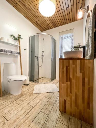a bathroom with a shower and a toilet and a sink at Kurs Siemiany, dom z jacuzzi i sauną na wyłączność in Siemiany