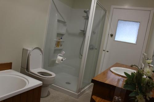 een badkamer met een douche, een toilet en een wastafel bij FOREST LAKE Point in Hamilton