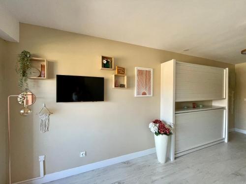 a living room with a television and a vase of flowers at My Little Provence Bormes Les Mimosas in Bormes-les-Mimosas