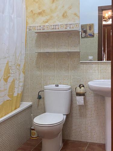 a bathroom with a toilet and a sink at Casa Rural Villa Lucia in Ossa de Montiel