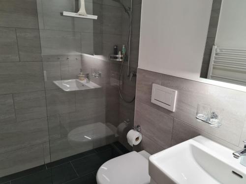 ein Bad mit einem WC, einem Waschbecken und einer Dusche in der Unterkunft Alpen-Fewo, Residenza Quadra 322 in Flims