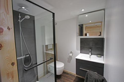 La salle de bains est pourvue d'une douche, de toilettes et d'un lavabo. dans l'établissement Studio LUMINEUX à 5 minutes du lac de Serre Ponçon, à Prunières