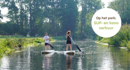 two people are standing on paddle boards in the water at Cosy Cabin - 6 pers in Zuna