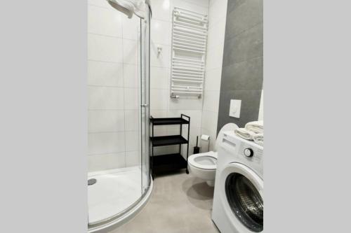 bagno con servizi igienici e lavatrice. di Easy Rent Apartments - BUSINESS CENTER 126 a Lublino