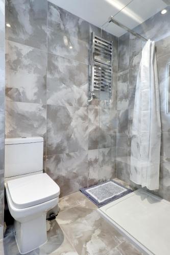 a bathroom with a toilet and a shower at Master accommodation suite 7 sea view in Hastings