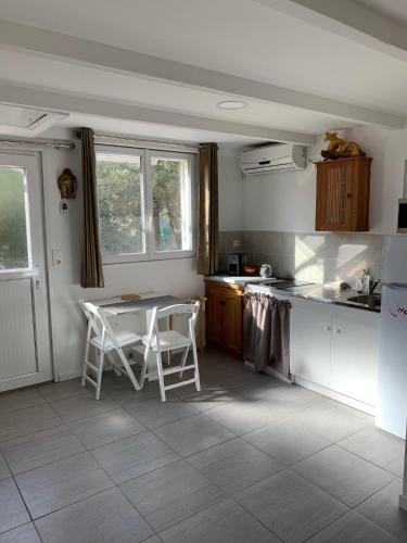 une cuisine avec une table et des chaises dans l'établissement JOLI STUDIO INDEPENDANT 20m² AVEC JARDIN, à Saint-Maximin-la-Sainte-Baume