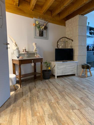 salon z drewnianą podłogą i telewizorem w obiekcie Au bout du pont w mieście Chaumont-sur-Loire