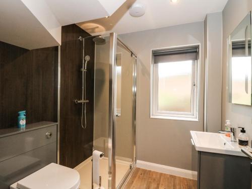 a bathroom with a shower and a toilet and a sink at The Loft in Spean Bridge