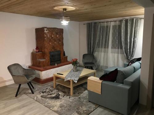 sala de estar con sofá y chimenea en CASA MADAME COCO, en Piatra