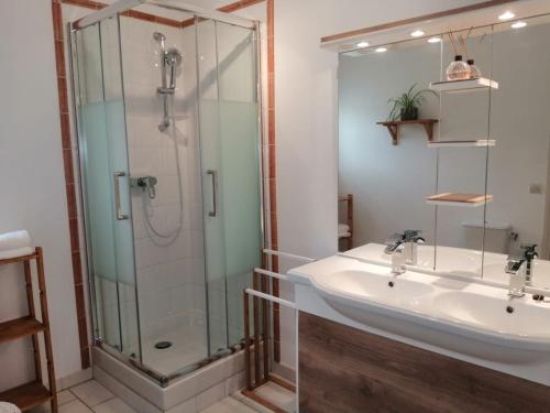 een badkamer met een glazen douche en een wastafel bij La Margottière chez isa et titi in Rians