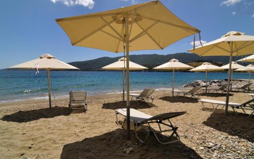 a group of chairs and umbrellas on a beach at Golden View in Poros