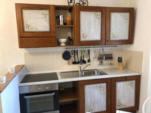 a kitchen with a sink and wooden cabinets at B&B Puccini in Pescaglia