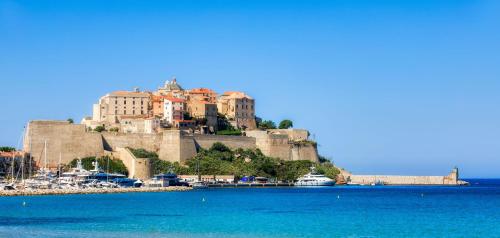 a castle on top of a hill over water at Calvi Hôtel in Calvi