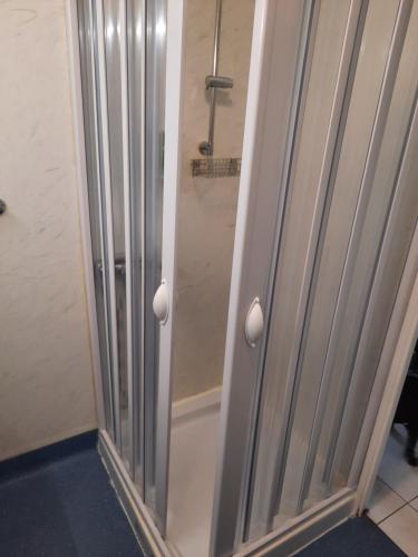 La salle de bains est pourvue d'une douche avec des portes en verre. dans l'établissement Californie Appartement, à Nice