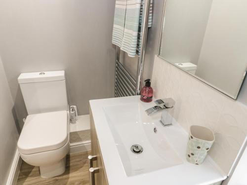 ein weißes Badezimmer mit Toilette und Waschbecken in der Unterkunft Marlin Cottage in Conwy