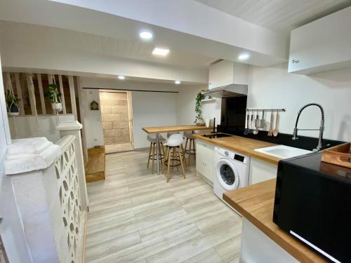 une cuisine avec un évier et une machine à laver dans l'établissement Le Cosy City - Agde Centre, à Agde