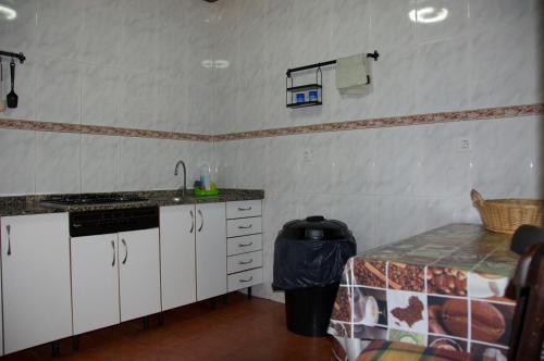 a kitchen with a counter and a sink and a table at Albergue los Blasones in Sarria