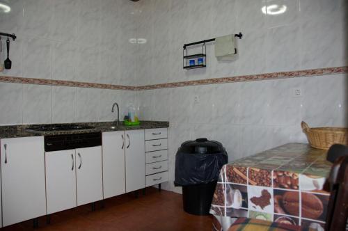 a kitchen with a sink and a refrigerator at Albergue los Blasones in Sarria